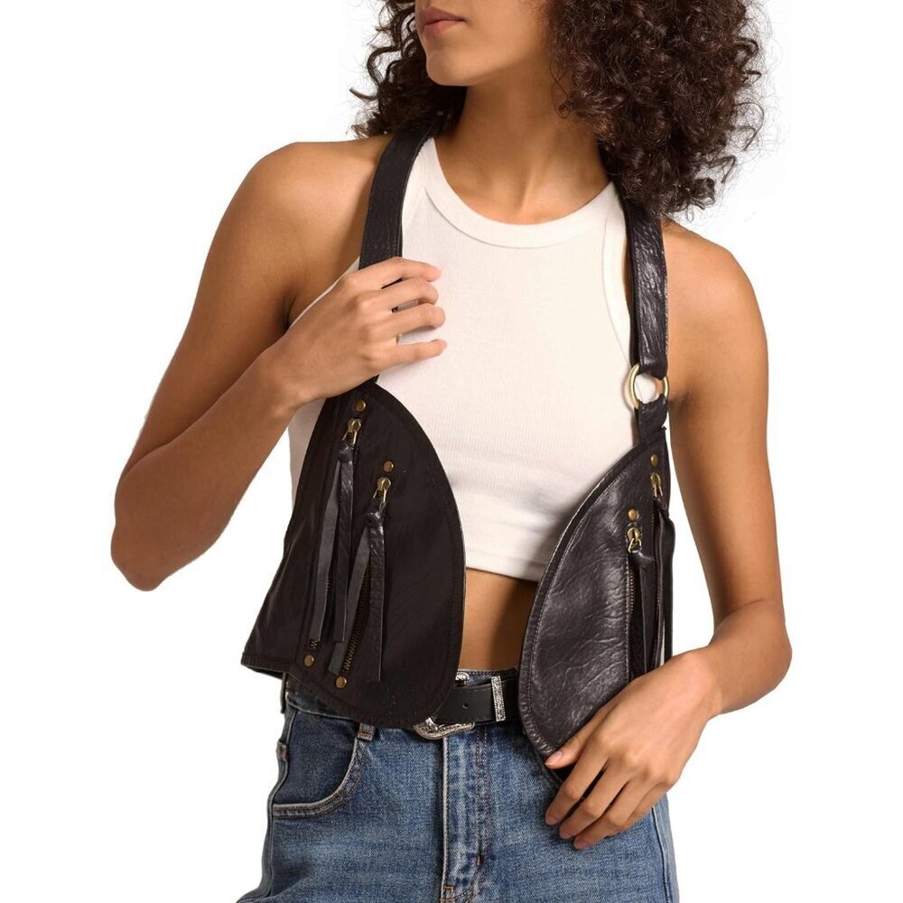 🆕Women Black Genuine Leather with Pocket Steampunk Vest